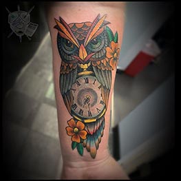 Owl Clock color sleeve tattoo